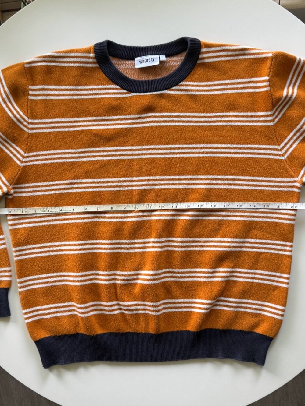 Weekday Johan Striped Sweater Large L Orange Navy White Knit Crewneck Pullover - Picture 4 of 7